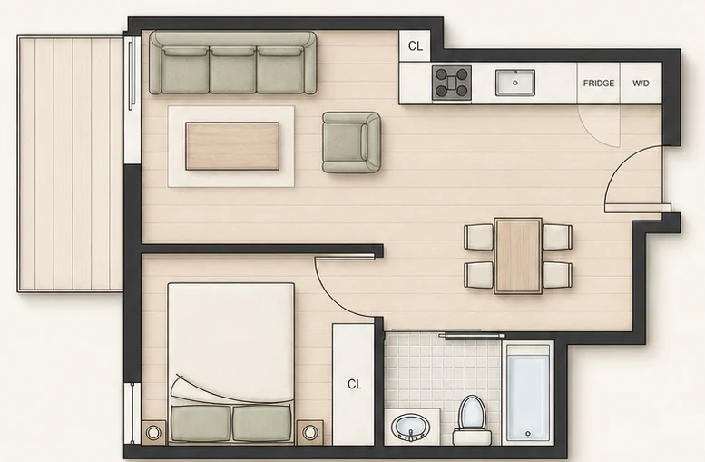 Floor plan for Plan A1 — 1 bedroom, 472 sq ft