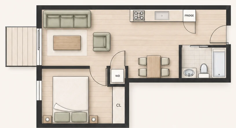 Floor plan for Plan A2 — 1 bedroom, 490 sq ft