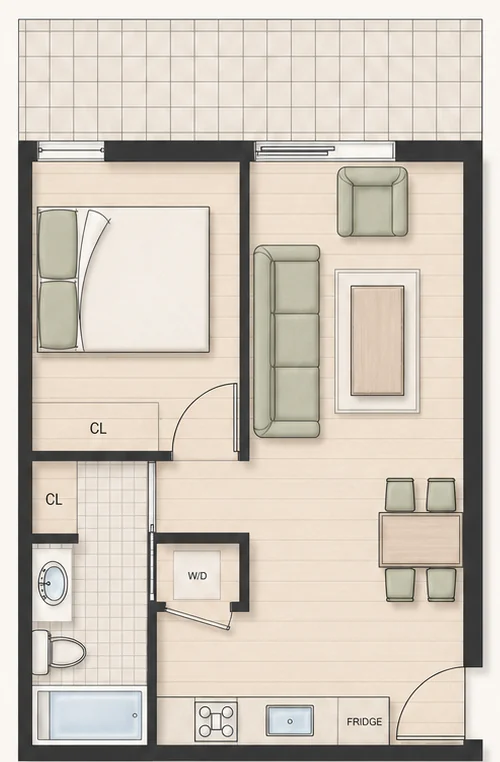 Floor plan for Plan A3 — 1 bedroom, 486 sq ft