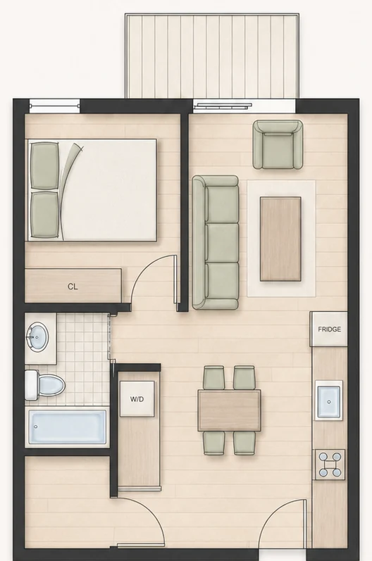 Floor plan for Plan A4 — 1 bedroom, 504–517 sq ft