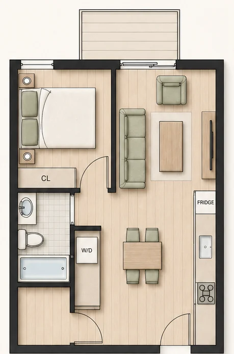Floor plan for Plan A4a — 1 bedroom, 446 sq ft