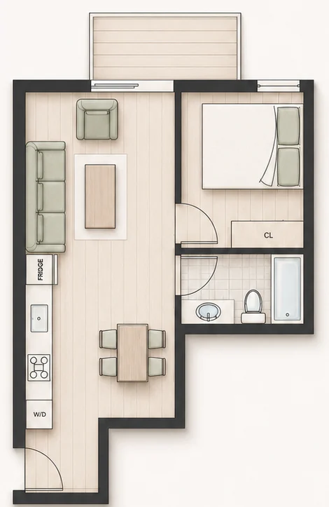 Floor plan for Plan A5 — 1 bedroom, 496–514 sq ft