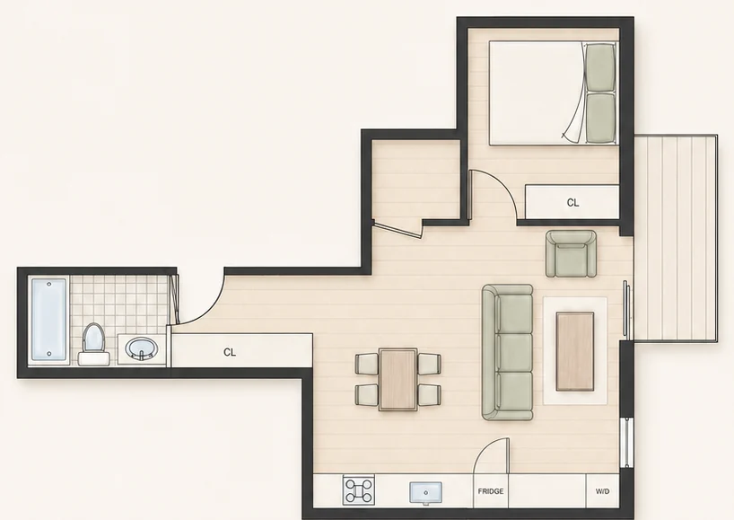 Floor plan for Plan A6 — 1 bedroom, 570 sq ft