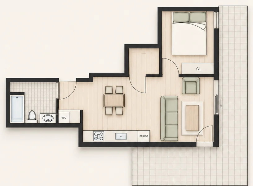 Floor plan for Plan A6a — 1 bedroom, 540 sq ft
