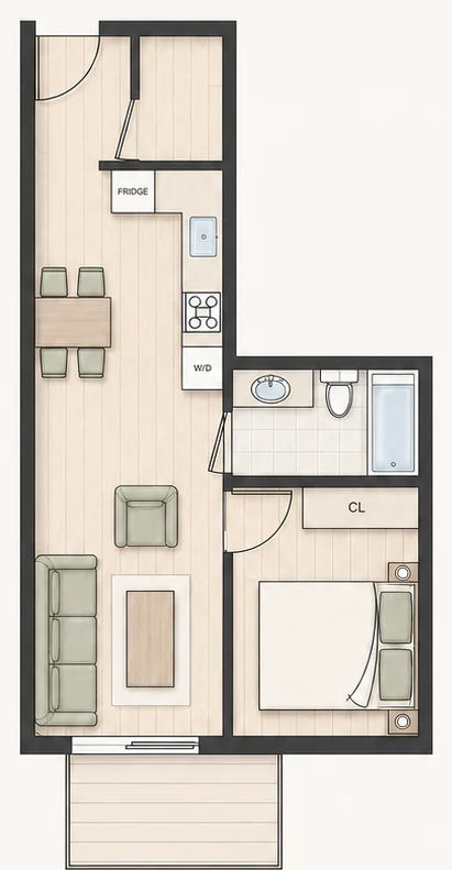 Floor plan for Plan A7 — 1 bedroom, 487 sq ft