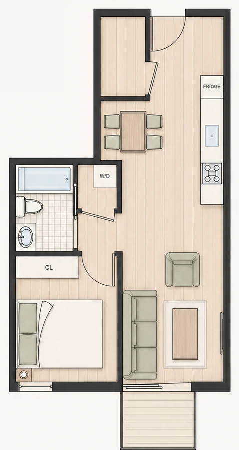 Floor plan for Plan A8 — 1 bedroom, 532 sq ft