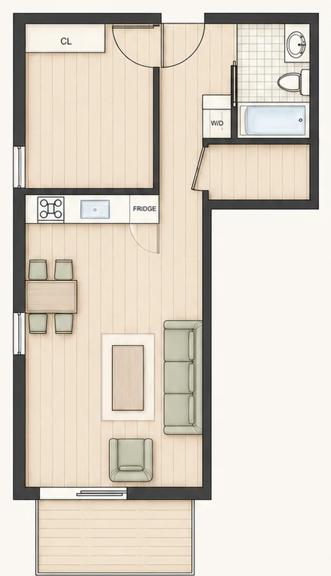 Floor plan for Plan A9 — 1 bedroom, 549 sq ft