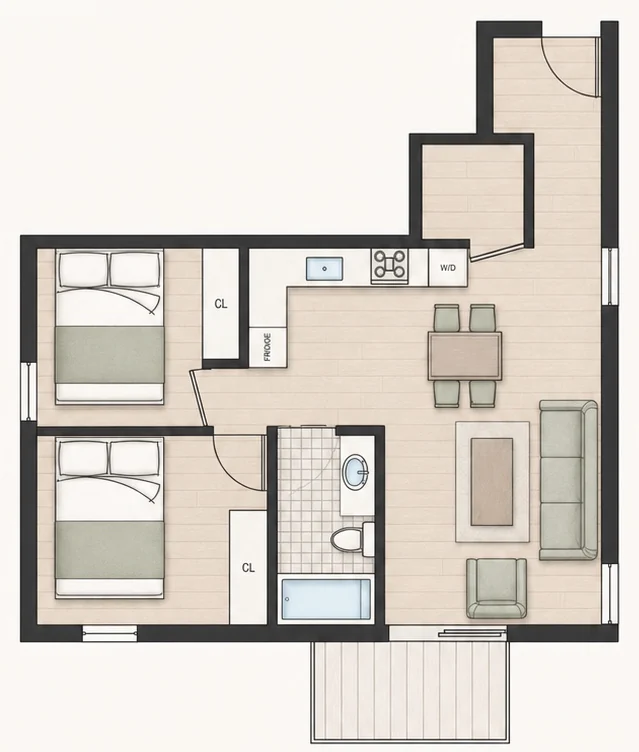 Floor plan for Plan B1 — 2 bedroom, 713 sq ft