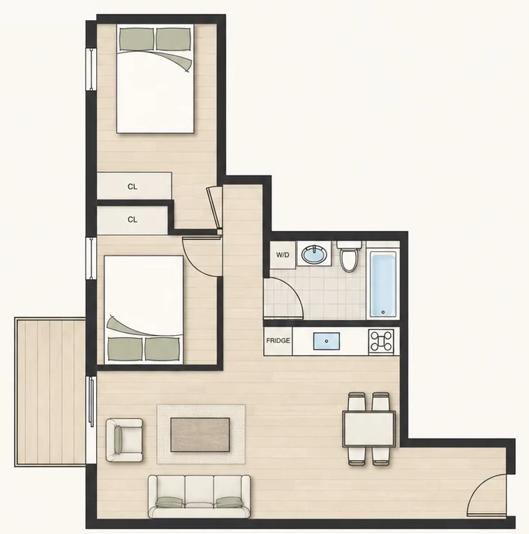 Floor plan for Plan B2 — 2 bedroom, 682 sq ft