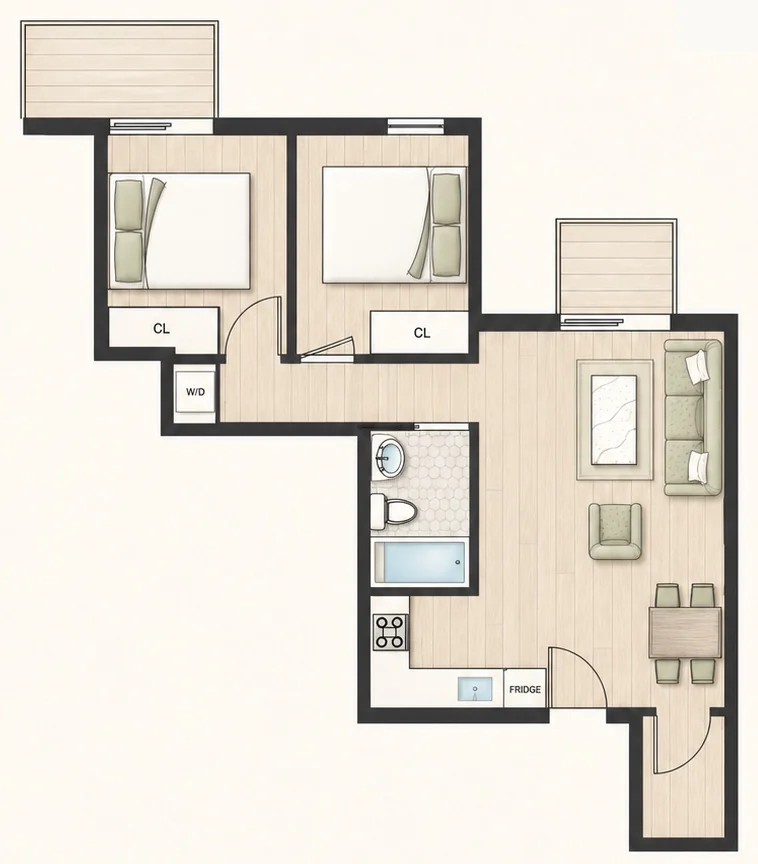 Floor plan for Plan B3 — 2 bedroom, 666 sq ft