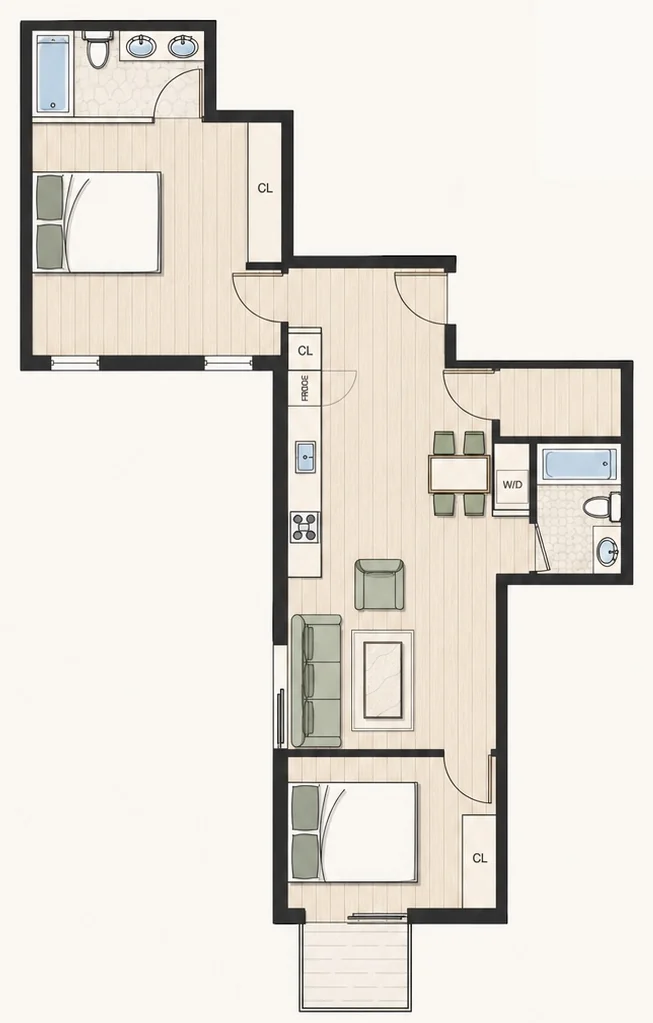 Floor plan for Plan B4 — 2 bedroom, 901 sq ft