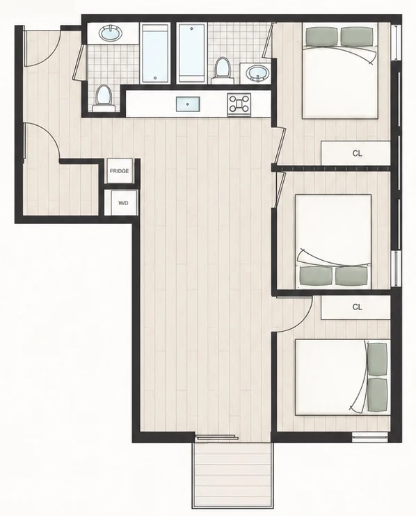Floor plan for Plan C1 — 3 bedroom, 863 sq ft