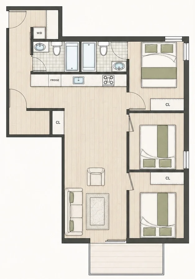 Floor plan for Plan C2 — 3 bedroom, 899 sq ft